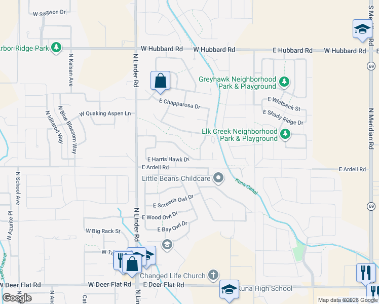 map of restaurants, bars, coffee shops, grocery stores, and more near 443 East Black Hawk Court in Kuna