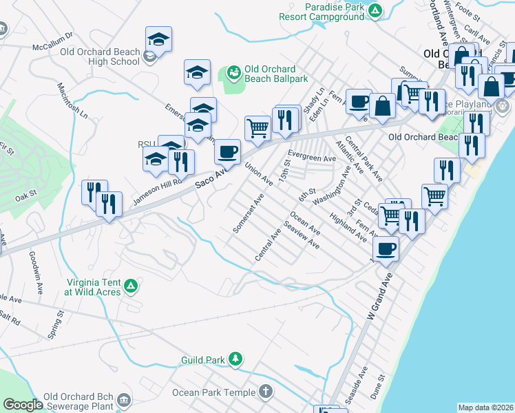 map of restaurants, bars, coffee shops, grocery stores, and more near 74 Park Avenue in Old Orchard Beach