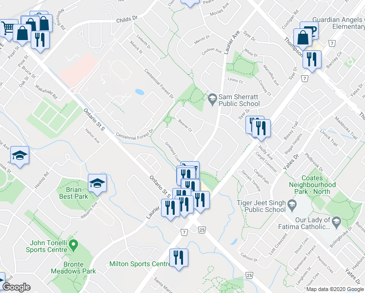 map of restaurants, bars, coffee shops, grocery stores, and more near 474 Gowland Crescent in Milton