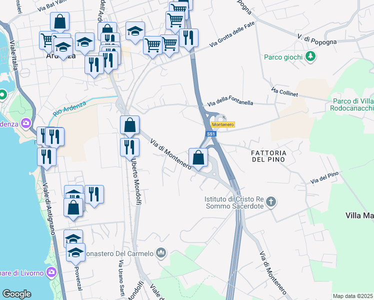 map of restaurants, bars, coffee shops, grocery stores, and more near 25 Via di Montenero in Livorno
