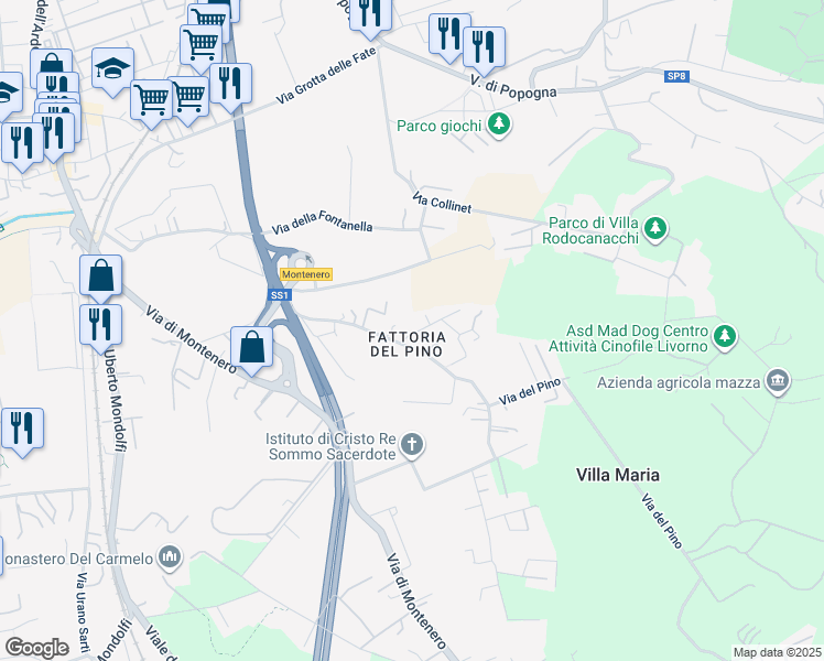 map of restaurants, bars, coffee shops, grocery stores, and more near 51 Via del Pino in Livorno