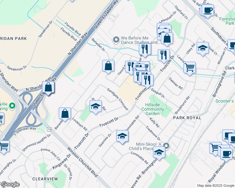 map of restaurants, bars, coffee shops, grocery stores, and more near 1465 Sandgate Crescent in Mississauga
