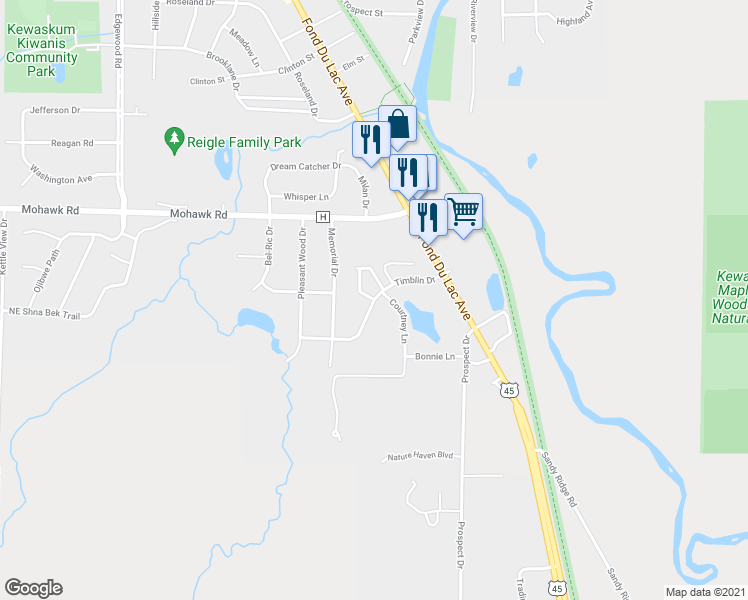 map of restaurants, bars, coffee shops, grocery stores, and more near 212 Timblin Dr in Kewaskum