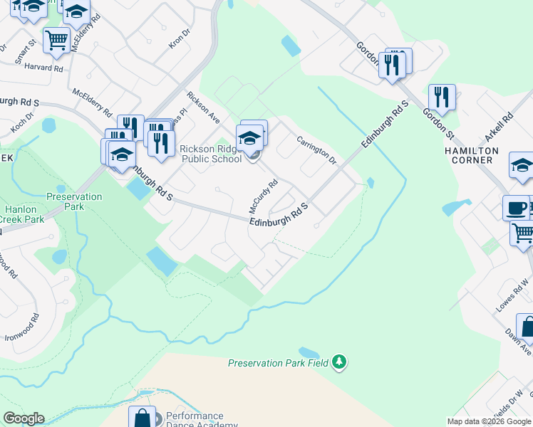 map of restaurants, bars, coffee shops, grocery stores, and more near 920 Edinburgh Road South in Guelph