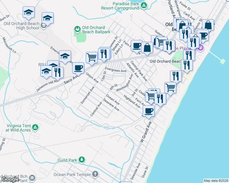 map of restaurants, bars, coffee shops, grocery stores, and more near 79 Union Avenue in Old Orchard Beach