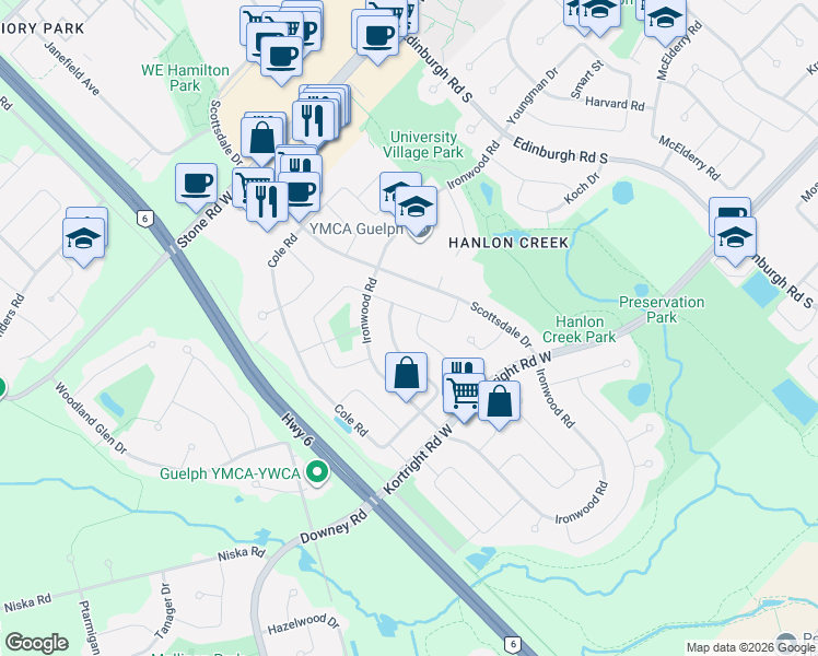 map of restaurants, bars, coffee shops, grocery stores, and more near 5 Ervin Crescent in Guelph