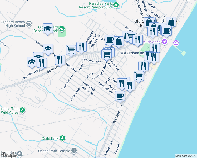 map of restaurants, bars, coffee shops, grocery stores, and more near 41 Highland Avenue in Old Orchard Beach