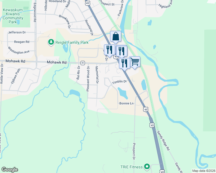 map of restaurants, bars, coffee shops, grocery stores, and more near 262 Timblin Drive in Kewaskum