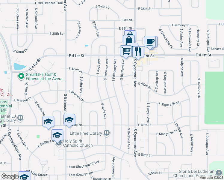 map of restaurants, bars, coffee shops, grocery stores, and more near E Marson Dr in Sioux Falls
