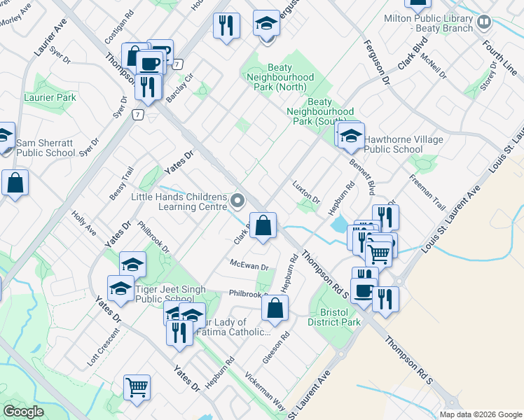 map of restaurants, bars, coffee shops, grocery stores, and more near Thompson Road South & Clark Boulevard in Milton
