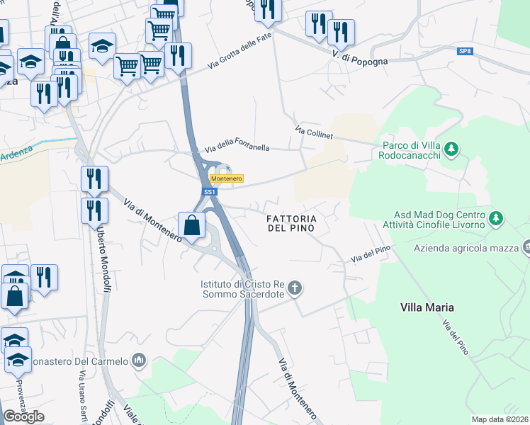 map of restaurants, bars, coffee shops, grocery stores, and more near 18 Via del Pino in Livorno