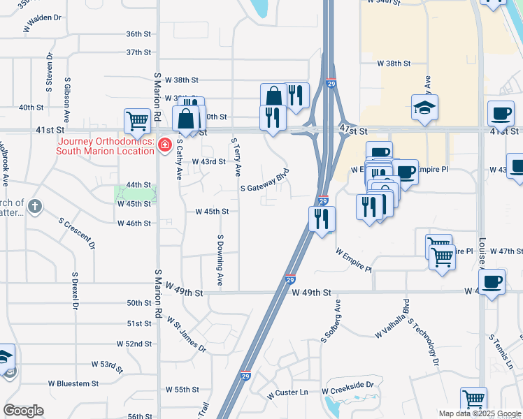 map of restaurants, bars, coffee shops, grocery stores, and more near 3608 South Gateway Boulevard in Sioux Falls