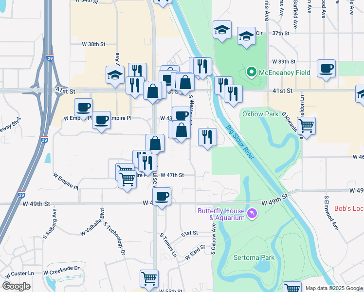 map of restaurants, bars, coffee shops, grocery stores, and more near 3800 South Louise Avenue in Sioux Falls