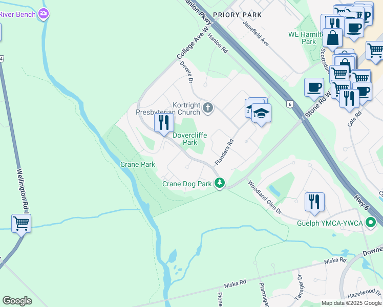 map of restaurants, bars, coffee shops, grocery stores, and more near 29 Carnaby Crescent in Guelph