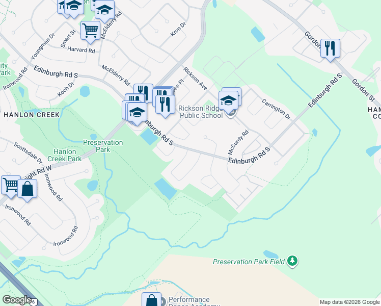 map of restaurants, bars, coffee shops, grocery stores, and more near 2 Southcreek Trail in Guelph