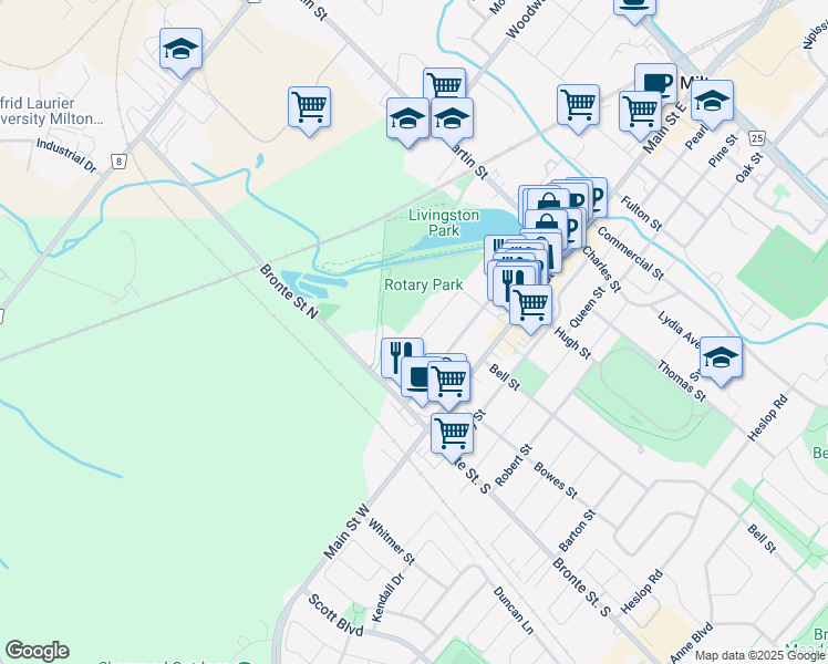 map of restaurants, bars, coffee shops, grocery stores, and more near 57 Victoria Street in Milton
