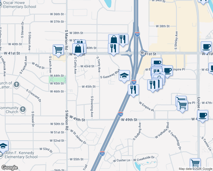 map of restaurants, bars, coffee shops, grocery stores, and more near 3600 South Gateway Boulevard in Sioux Falls