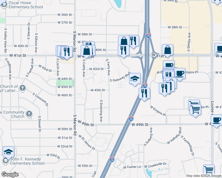 map of restaurants, bars, coffee shops, grocery stores, and more near in Sioux Falls