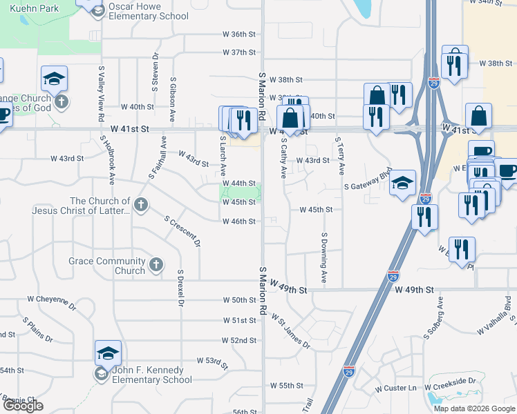 map of restaurants, bars, coffee shops, grocery stores, and more near 3702 South Marion Road in Sioux Falls