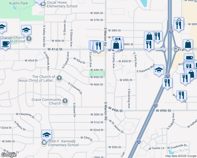 map of restaurants, bars, coffee shops, grocery stores, and more near 5301-5461 West 44th Street in Sioux Falls