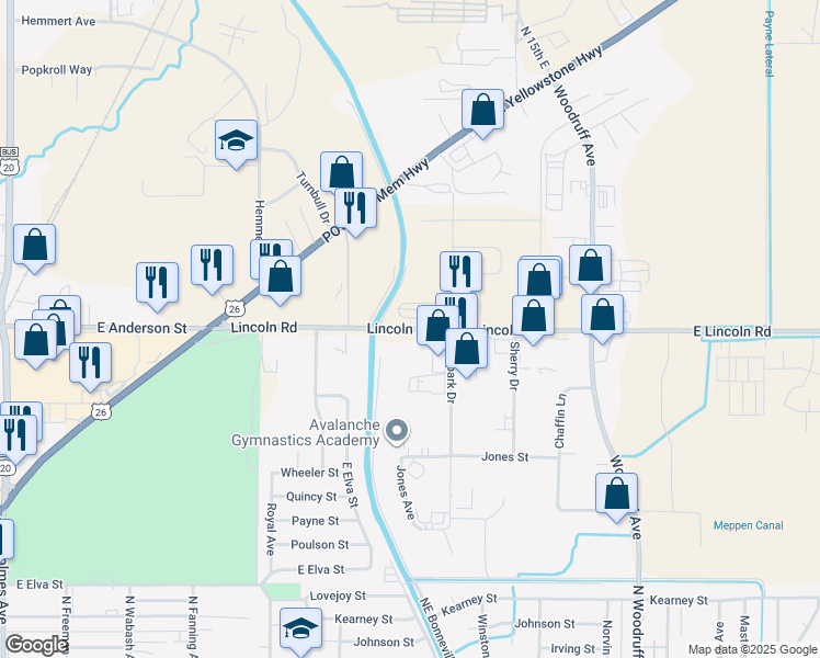 map of restaurants, bars, coffee shops, grocery stores, and more near Lincoln Road in Idaho Falls