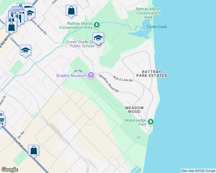 map of restaurants, bars, coffee shops, grocery stores, and more near 560 Meadow Wood Road in Mississauga