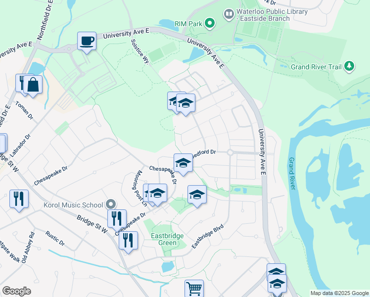 map of restaurants, bars, coffee shops, grocery stores, and more near 334 Schooner Crescent in Waterloo