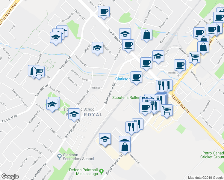 map of restaurants, bars, coffee shops, grocery stores, and more near in Mississauga