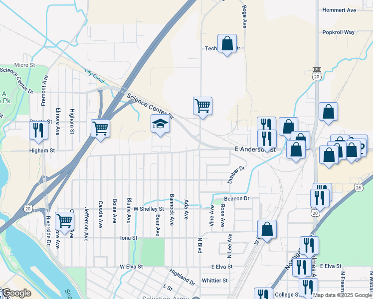 map of restaurants, bars, coffee shops, grocery stores, and more near 260 West Anderson Street in Idaho Falls