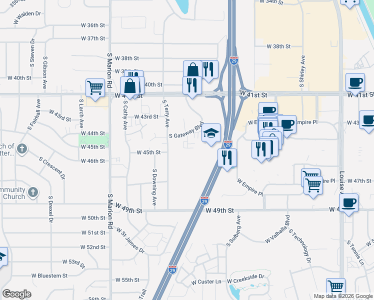 map of restaurants, bars, coffee shops, grocery stores, and more near 3608 South Gateway Boulevard in Sioux Falls