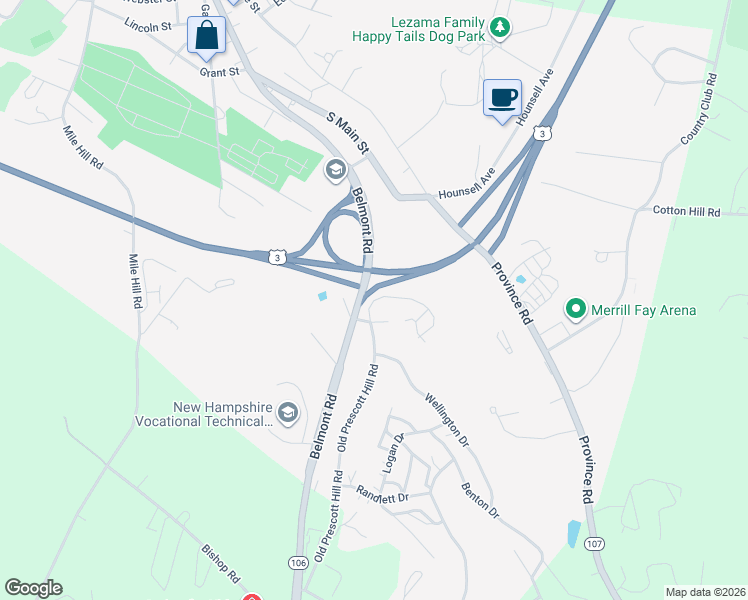 map of restaurants, bars, coffee shops, grocery stores, and more near Laconia-Gilford Bypass in Laconia