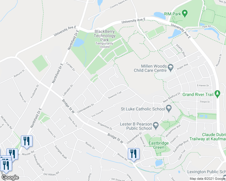 map of restaurants, bars, coffee shops, grocery stores, and more near 733 Chesapeake Drive in Waterloo