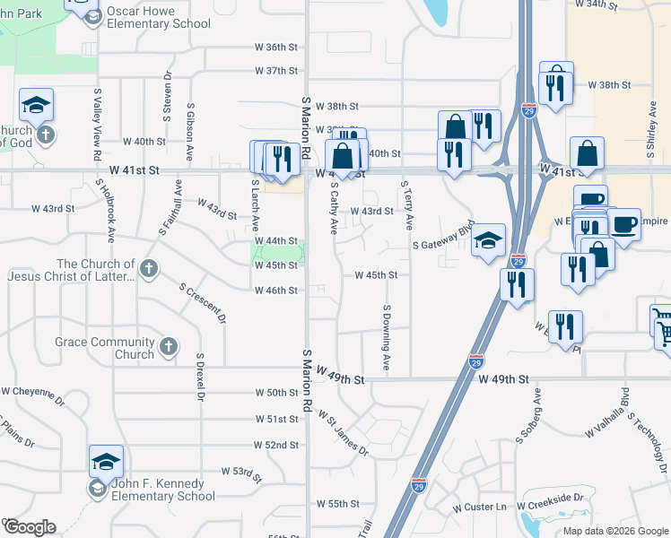 map of restaurants, bars, coffee shops, grocery stores, and more near 3705 South Cathy Avenue in Sioux Falls