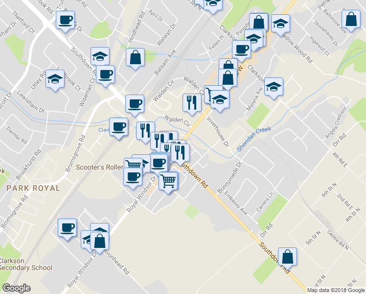 map of restaurants, bars, coffee shops, grocery stores, and more near 2032 Lakeshore Road West in Mississauga