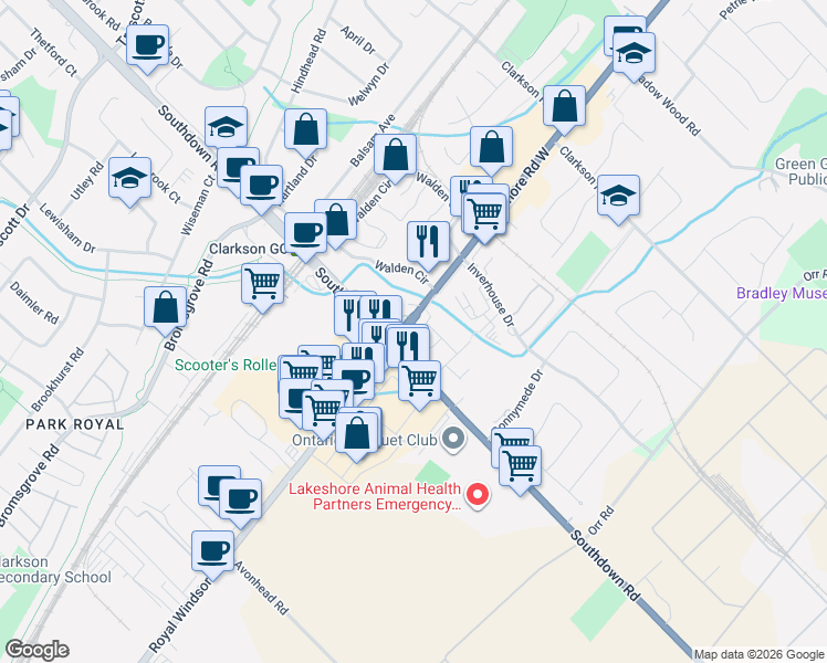 map of restaurants, bars, coffee shops, grocery stores, and more near 2032 Lakeshore Road West in Mississauga