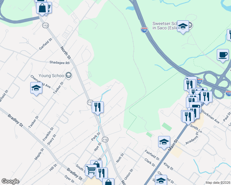 map of restaurants, bars, coffee shops, grocery stores, and more near 26 Therrien Avenue in Saco