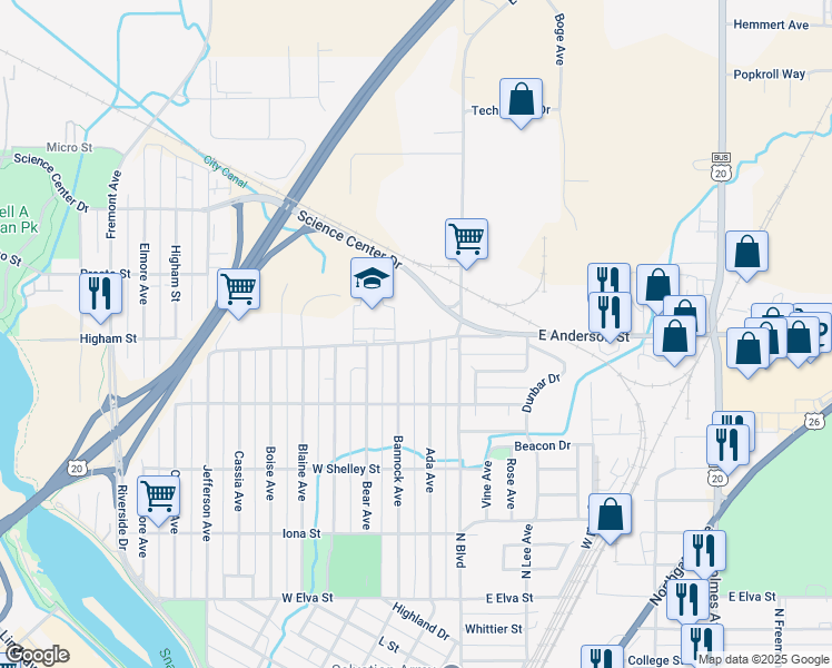 map of restaurants, bars, coffee shops, grocery stores, and more near 260 West Anderson Street in Idaho Falls