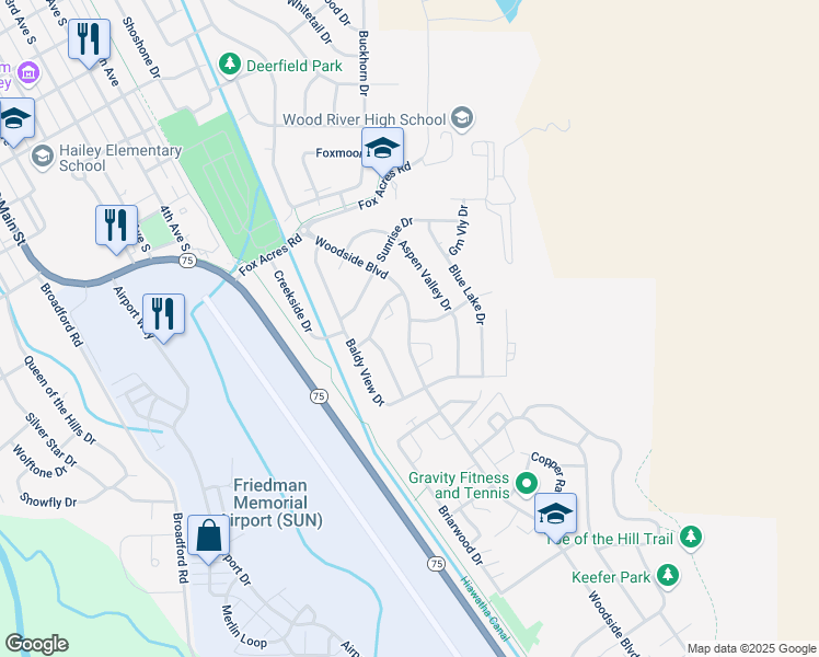 map of restaurants, bars, coffee shops, grocery stores, and more near 1260 Woodside Boulevard in Hailey