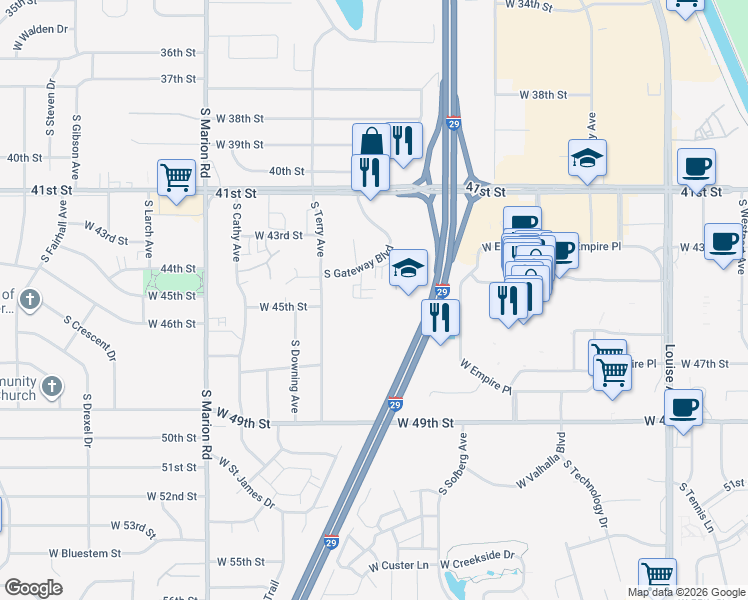 map of restaurants, bars, coffee shops, grocery stores, and more near 3544 South Gateway Boulevard in Sioux Falls