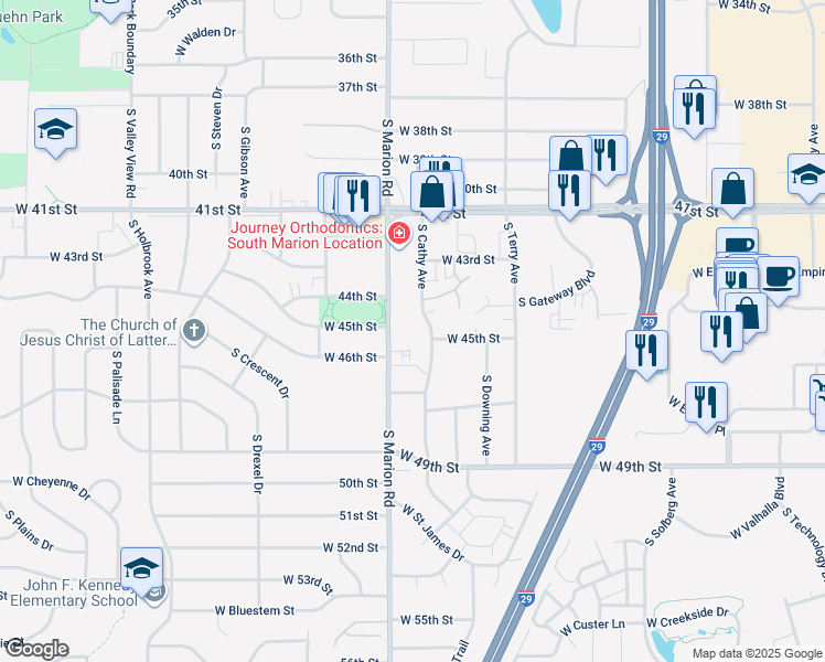 map of restaurants, bars, coffee shops, grocery stores, and more near 3702 South Marion Road in Sioux Falls