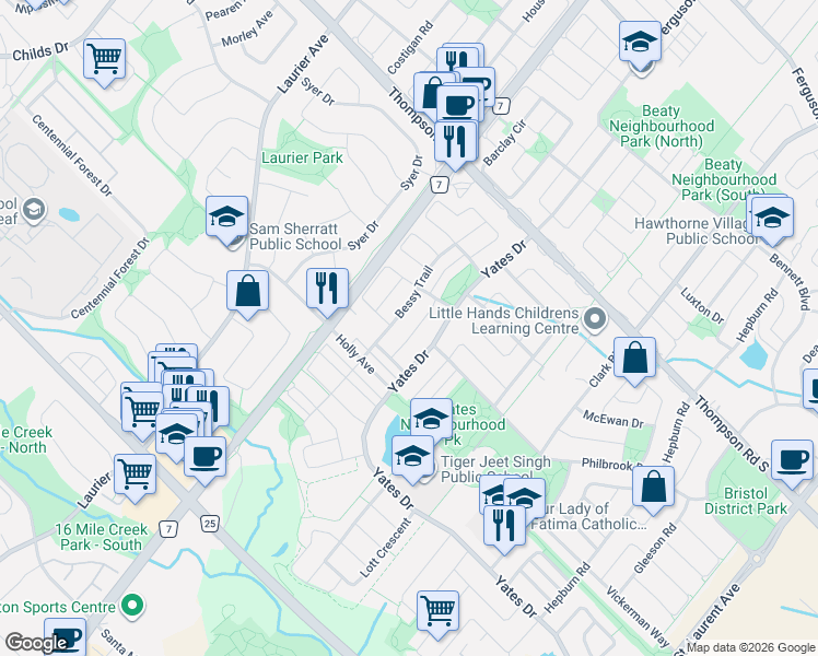 map of restaurants, bars, coffee shops, grocery stores, and more near 795 Biggar Heights in Milton