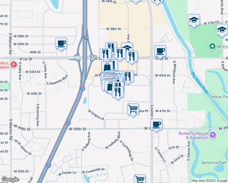 map of restaurants, bars, coffee shops, grocery stores, and more near 4001 West 41st Street in Sioux Falls