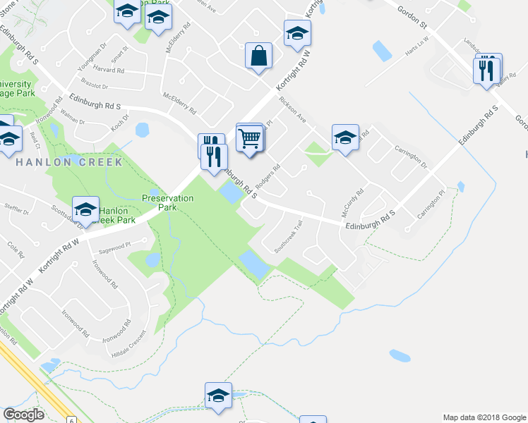 map of restaurants, bars, coffee shops, grocery stores, and more near 122 Rodgers Road in Guelph