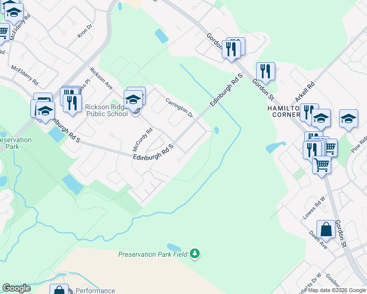 map of restaurants, bars, coffee shops, grocery stores, and more near 65 Carrington Place in Guelph