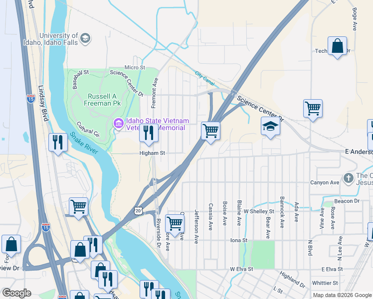 map of restaurants, bars, coffee shops, grocery stores, and more near 1339 Jefferson Avenue in Idaho Falls