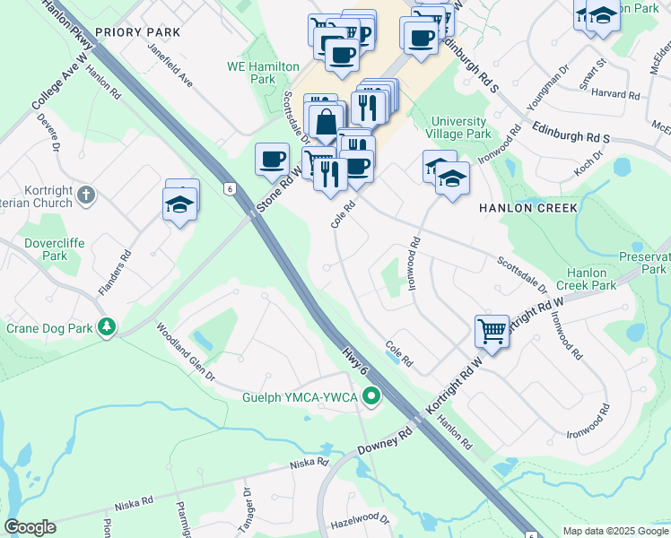 map of restaurants, bars, coffee shops, grocery stores, and more near 4 Christopher Court in Guelph