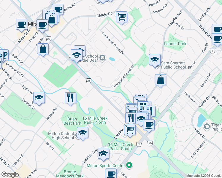 map of restaurants, bars, coffee shops, grocery stores, and more near 443 Centennial Forest Drive in Milton
