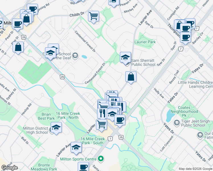 map of restaurants, bars, coffee shops, grocery stores, and more near 468 Gowland Crescent in Milton