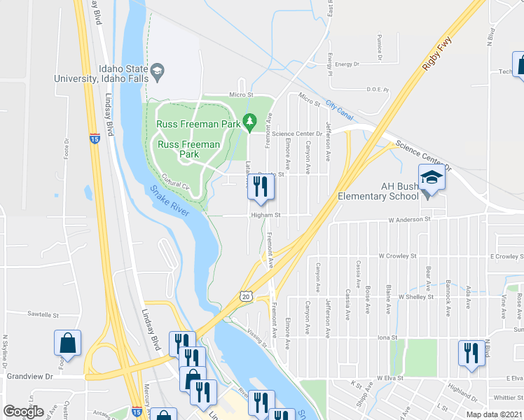 map of restaurants, bars, coffee shops, grocery stores, and more near 1305 Fremont Avenue in Idaho Falls