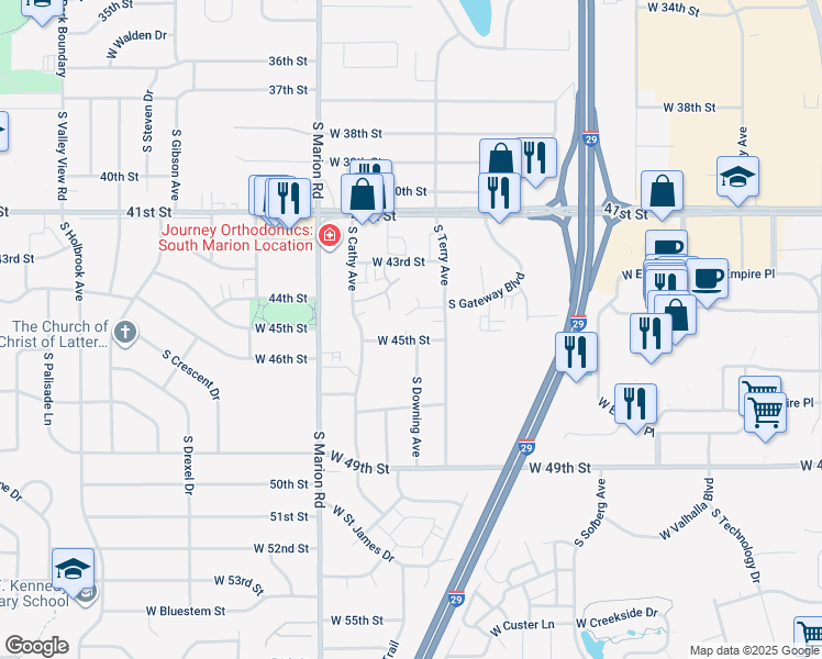 map of restaurants, bars, coffee shops, grocery stores, and more near 4922 West Kirkwood Circle in Sioux Falls